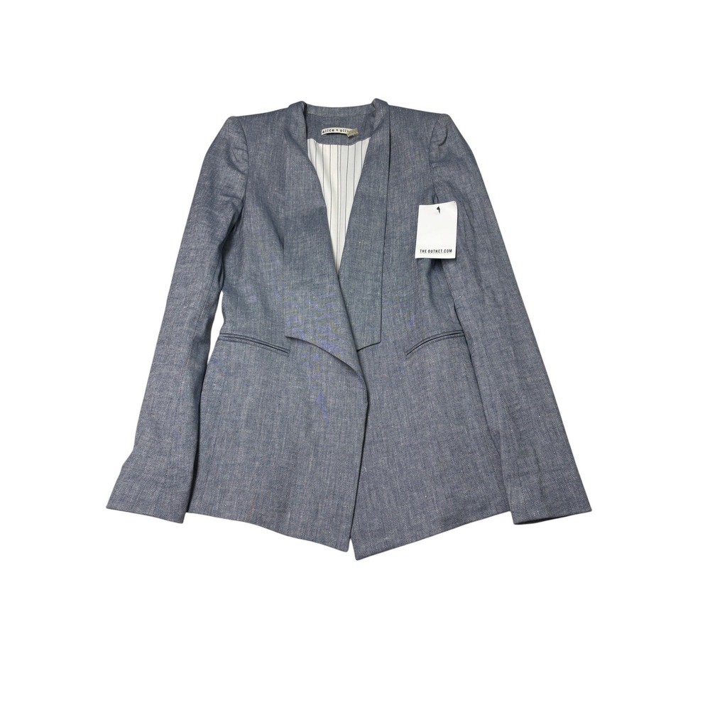 NWT Alice + Olivia Macey Blue Linen Blend Open Front Blazer Womens Size 2
